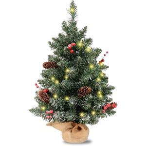 Pre-lit Artificial Mini Christmas Tree with Berry and Pincone, Includes Small Lights and Cloth Bag Base (Green)