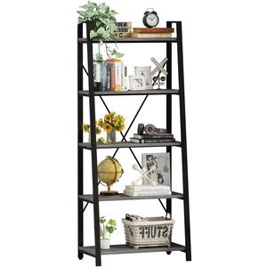 BON AUGURE 5-Tier Ladder Shelf, Industrial Leaning Bookcase, Wood and Metal Ladder Bookshelf for Living Room, Bedroom, Kitchen, Home Office (Grey Oak)