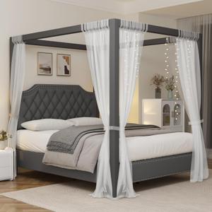 IDEALHOUSE Queen Size Canopy Bed Frame with Nailhead Decoration HeadboardUpholstered Bed Frame with Poles 4 Corner Bed Bracket,Solid Wood Slats Support,No Box Spring Needed,Noise Free,Gray (Grey)