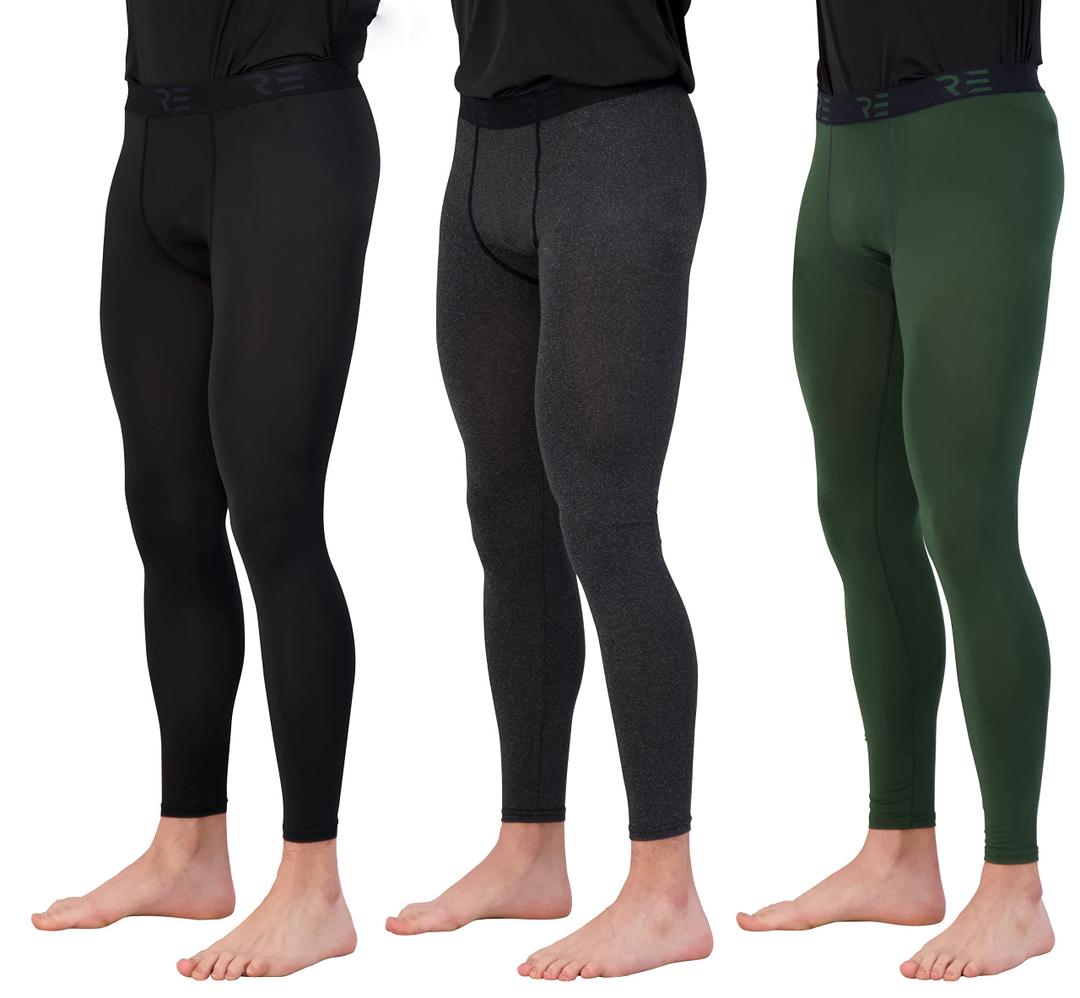 Real Essentials 3 Pack: Men's Active Compression Pants - Workout Base Layer Tights Running Leggings  - Set 7, S