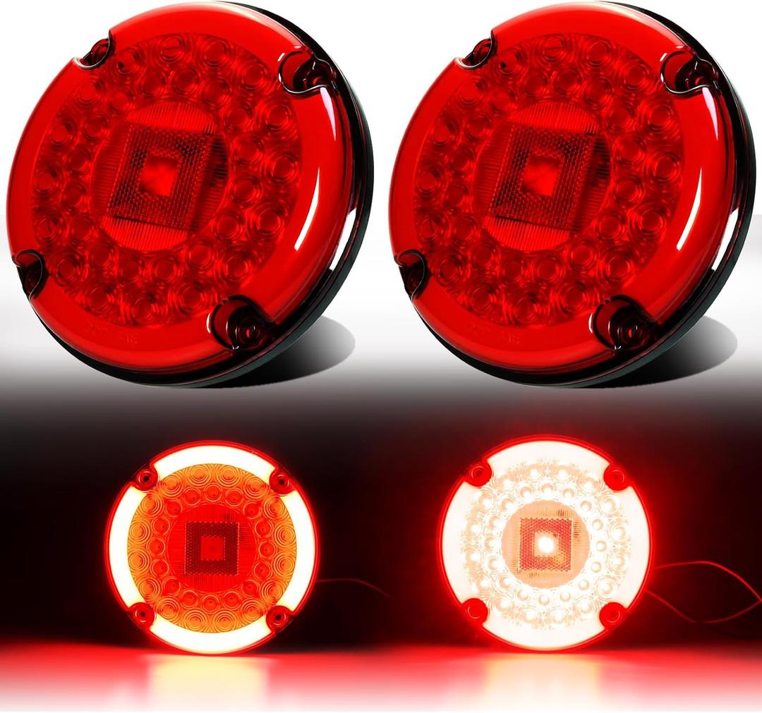 2Pcs 7" inch Round Halo Transit Bus Tail Lights 72 LEDs Stop Brake Turn Signal Running Lights Tail light w/Surface Mount Gasket Waterproof Sealed IP67, RV Camper for DC10-30V(Red Lens_Red Light)