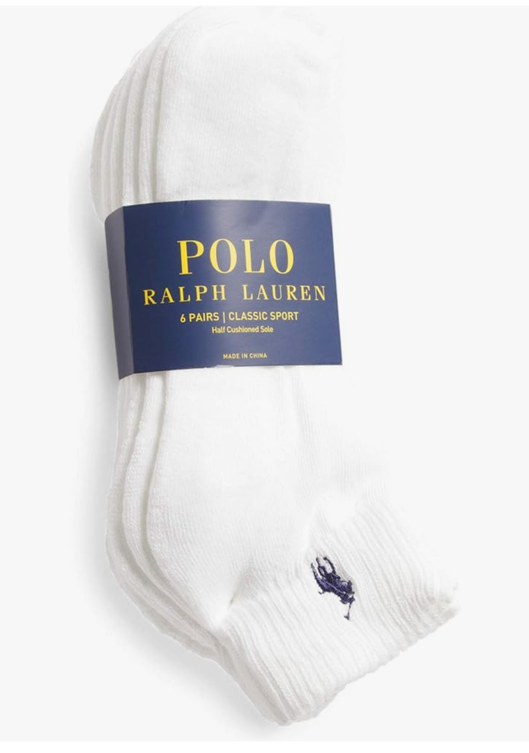 Polo Ralph Lauren Mens Low Cut Socks (Sock Size 6-13, White 6 Pairs)