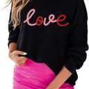 LEMAFER Women 2026 Merry Christmas Round Neck Sequin Letters Sweater Casual Solid Slogan Long Sleeve Pullover Sweatshirt Tops (Black, M)