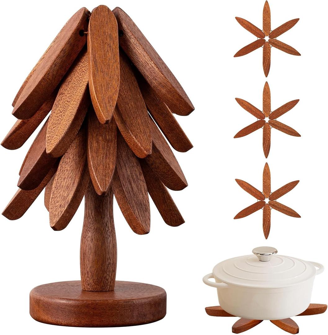 Wooden Trivets for Hot Dishes Hot Dish Coaster with Tree-Shaped Wood Collapsible Hot Pad Trivet Tree for Restaurant4 Wooden Trivet + 1 Stand, Walnut Wood