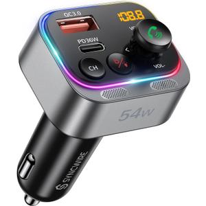 Syncwire Bluetooth 5.4 FM Transmitter Car Adapter 54W (PD 36W & 18W) [Stronger Dual Mics] [Light Switch] [HiFi Bass Sound] [Fast Charging] Wireless Radio Receiver Hands-Free Calling LED Display (Silver)