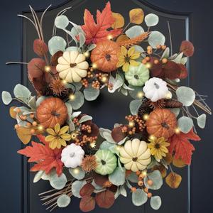 Valery Madelyn Collapsible Fall Wreath with Light for Front Door, 24" Halloween Door Wreath with White Pumpkin Silk Maple Leaves Outdoor Fall Autumn Decorations for Home Porch Thanksgiving Table Decor (White/Green/Brown)