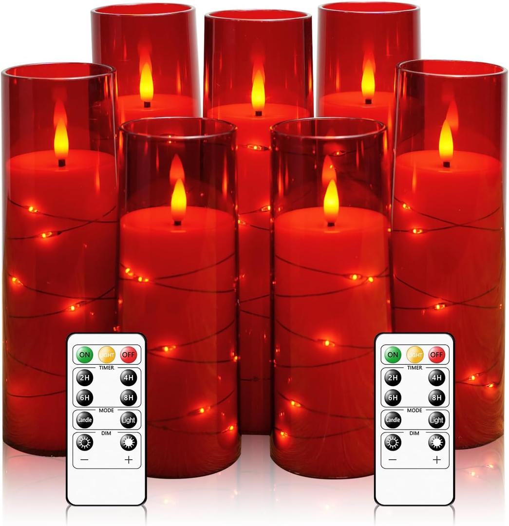 Flameless Candles with Embedded Star String, Battery Operated LED Pillar Candles with Timer and Remote Control, Home Decorating for Ambiance Set of 7 (Red)