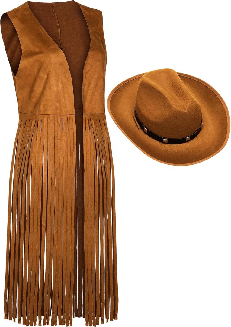 Foaincore Fringe Vests Cowgirl Outfits for Women 70s Hippie Clothes Vest Jacket Faux Suede Tassels Western Cowgirl Hat (Large, Brown)