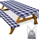 Picnic Table Cover with Bench Covers Camping Essentials Waterproof Windproof Camping Tablecloth with Drawstring Bag, Fitted Rectangle Tables and Seats, 72in, Blue Checkered