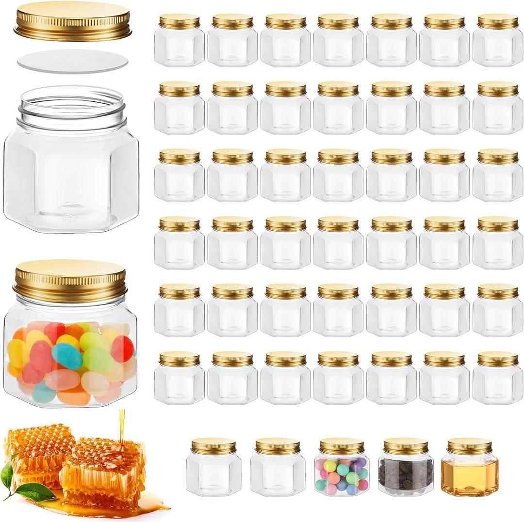 Dandat 50 Pcs 3 oz Hexagon Plastic Jars with Lids Mini Small Wide Mouth Honey Jars for Party Wedding Favors, Baby Shower, DIY Gift, Spice, Jelly, Herb, Jams, Candy(Gold)