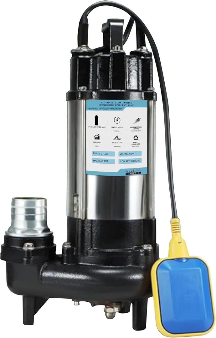 1HP Sewage Grinder Pump Submersible Effluent Pump, Sump Pump 110V 6400GPH with Automatic Float Switch, Cast Iron, 2'' NPT Discharge for Basement, Sump Basin, Residential Sewage