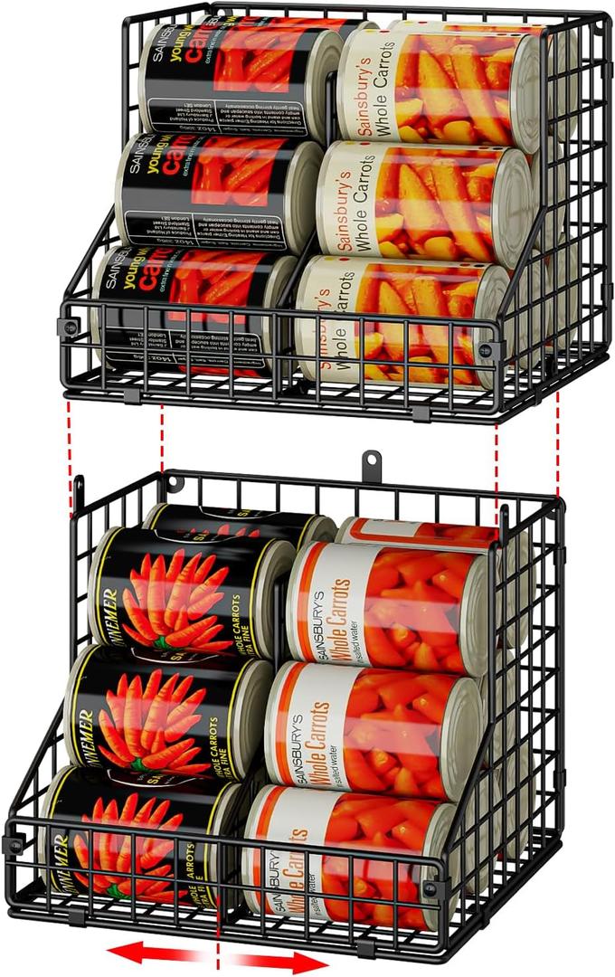 Stackable Can Organizer for Pantry with 2 Adjustable Dividers, Soda Can Organizer, Can Storage Dispenser Holds up to 28 Cans, 2 tier Metal Wire Baskets Can Holder for Kitchen Cabinet Pantry, Black