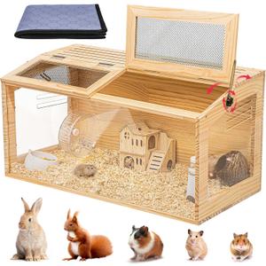 Hamster Cage 32" Wooden Chewproof, 270 View Large Habitat with Bite-Proof Metal Mesh & Top Dual Access Doors, Acrylic Sheets & Solid Build for Dwarf Syrian Hamsters/Gerbils/Guinea Pigs/Chinchillas