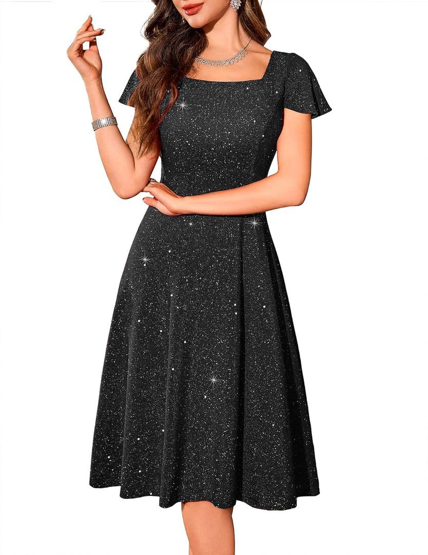 BeryLove Prom Dress for Teens: Sequin Formal Party Dress with Flutter Short Sleeves for Wedding & Cocktail Evening Events (Black, L)
