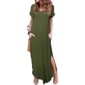 HUSKARY Women's Summer Maxi Dress Casual Loose Pockets Long Dress Short Sleeve Split Maxi Dresses (Army Green 01), XL