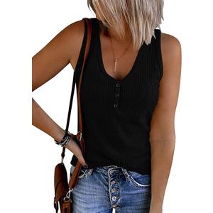 MEROKEETY Women's V Neck Tank Tops Summer Sleeveless Ribbed Button Casual Henley Shirts XL