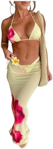 MakeMeChic Women's Halter Triangle Bikini Sets Floral 3 Piece Swimsuit Bathing Suit Cover Up Long Skirt Size XS, Yellow