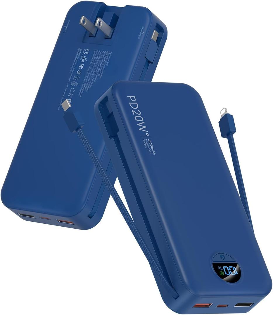 Citicr Portable Charger Power Bank, 20000mAh PD20W USB C Fast Charging with Built-in Cables & Wall Plug, External Battery Pack with LED Display, Travel Essential for iPhone, iPad, Samsung Navy