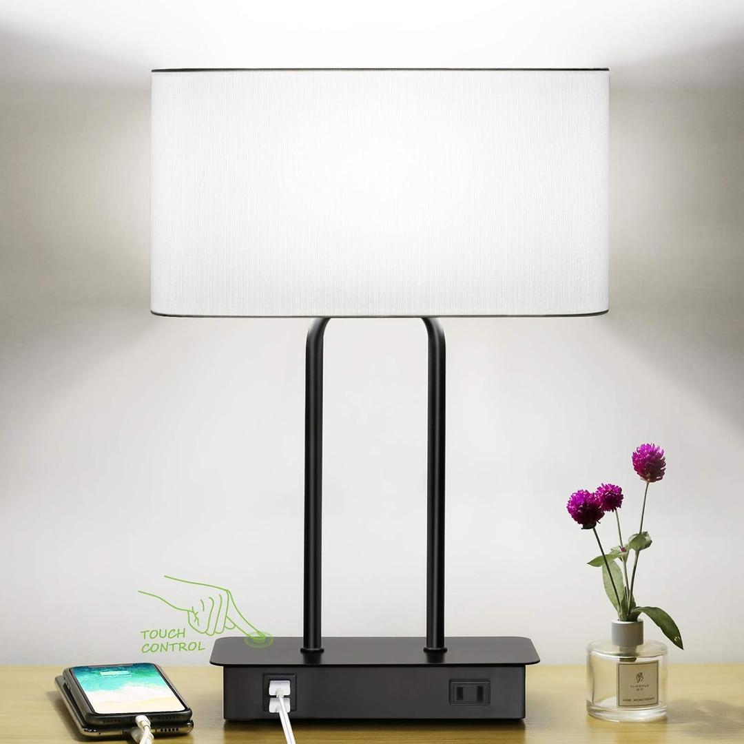 Bedside Touch Control Table Lamp with Dual USB Charging Ports 1 AC Outlet, 3 Way Dimmable Modern Nightstand Lamp with White Fabric Shade, Desk Lamp for Bedroom Living Room Office with 5000K LED Bulb, Black