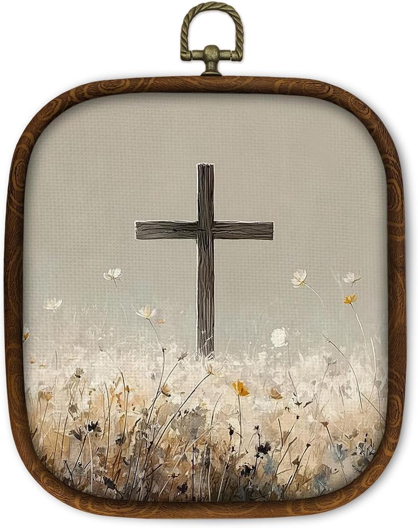 WULQYING Christian Crosses Religious Wall Art Decor, Minimalist Jesus Christian Faith Square Framed Canvas Art Prints, Field Landscape Wall Hanging Decor for Home Bedroom Church, 5.7x6.5 Inches (Color 03)