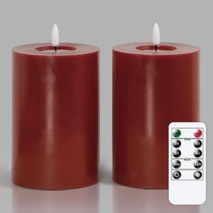 Flameless Flickering 4" x6" Real Wax Burgundy Remote Candles with Candle Grease, Pack of 2 Timer LED Battery Operated Fake Warm Light Pillar Candles for Home, Banquet, Ceremony Decoration