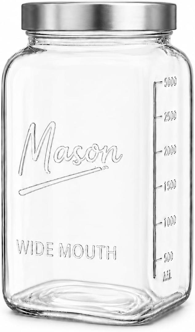 kitchentoolz 1 Gallon Glass Jar with Lid - Extra Large Mason Jar Wide Mouth with Airtight Metal Screw On Lid - Square Glass Storage Container with Measurements for Flour, Sugar, Cookies & Pickling
