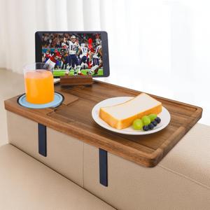 Couch Armrest Table, Acacia Wood Sofa Arm Tray with Adjustable Metal Clamp, Sofa TV Tray with Rotating Phone Holder for Snacks Drink Remotes, Include Blue Coaster