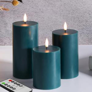 Green Flameless Pillar Candles with Remote, Flickering Spring LED Wax Candles Battery Operated Set of 3