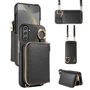 Furiet Wallet Case for Samsung Galaxy S25 Plus S25+ 5G with Shoulder Strap Ring Buckle, Luxury PU Leather Zipper Flip Organ Purse Card Holder Stand Full Body Cell Phone Cover for S25Plus 25S 25+, Black