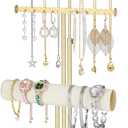 3-Tier Jewelry Stand Jewelry Organizer, Gold Necklace & Bracelet Organizer with Velvet Ring Tray, Sturdy Jewelry Holder for Earrings, Cute & Aesthetic Jewelry Display Tower Gift for Women