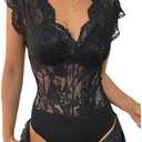 MakeMeChic Women's Lace Bodysuit Date Night Romper Deep V Neck Lace Tops Bodysuit M