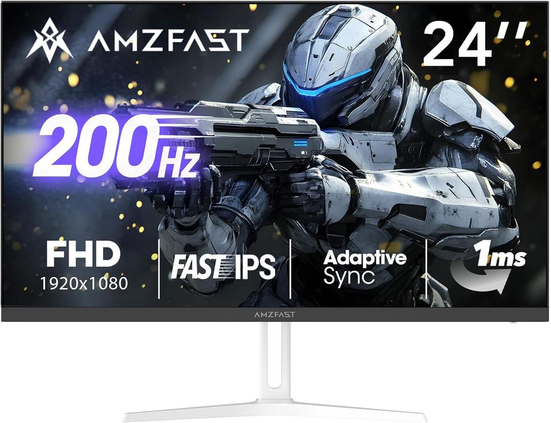Amzfast 24 Inch Gaming Monitor 200Hz FHD 1080p Fast IPS Computer Monitor, 110% sRGB 1ms HDR Support Adaptive Sync, Eye Care VESA Mount HDMI 2.0 | Display Port 1.4 White Monitor, AMZG24X1W