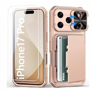 f
BXYJY for iPhone 17 Pro Case Wallet with Screen Protector (Tempered Glass), Slide Camera Cover, Card Holder (4-5 Cards), Military Grade Heavy Duty Men Women Case for iPhone 17Pro, Rose Gold