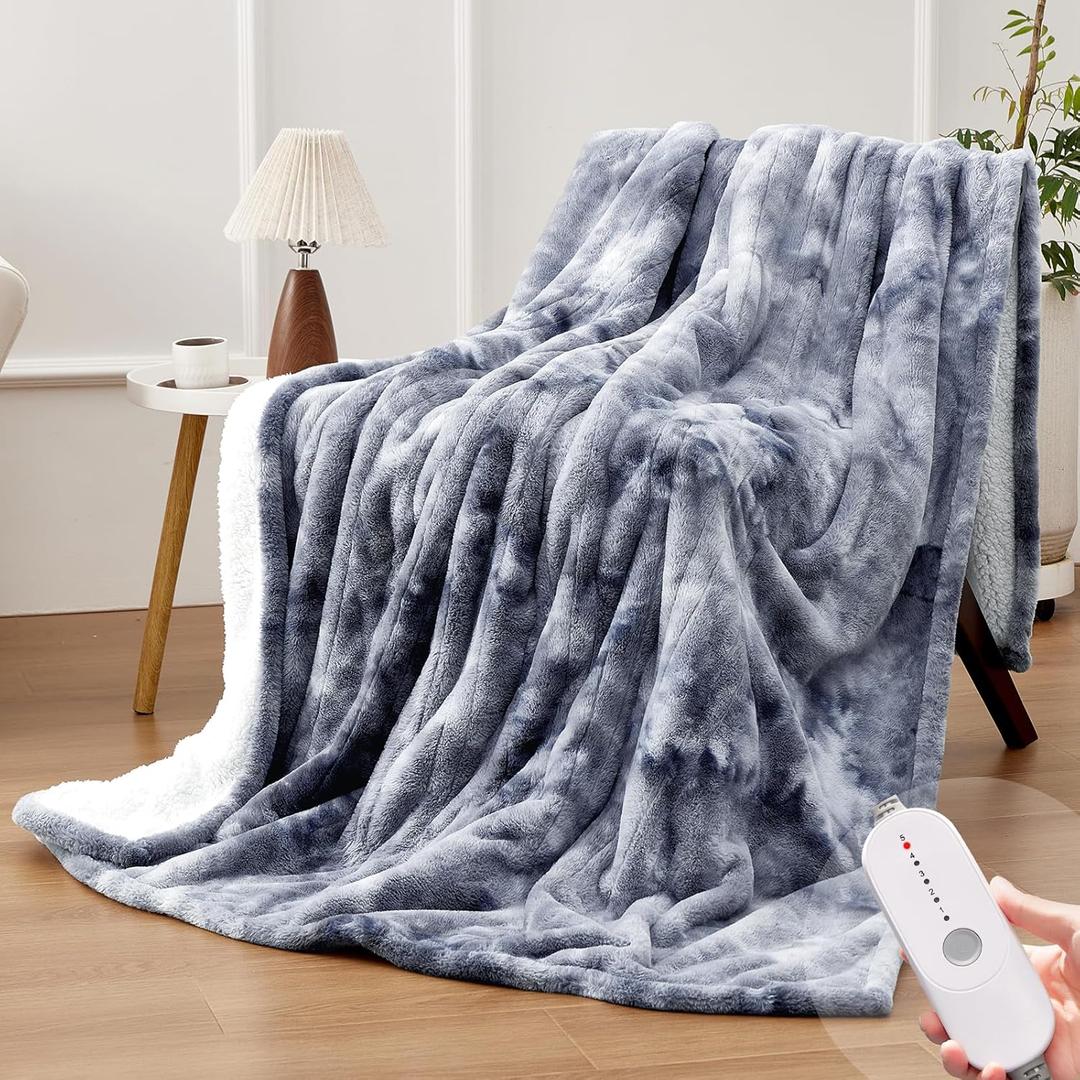 HYLEORY Electric Heated Throw Blanket 50''x60'' - Soft Thick Faux Fur Heating Blanket with 5 Heat Levels & Auto-Off 3 Hrs, Fluffy Flannel Warm Blankets for Winter Couch Bed,ETL Certification, Grey