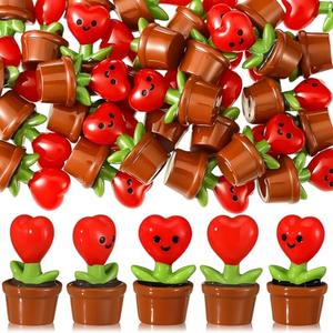 Threehoney 30 Pcs Mini Resin Flowers Samll Heart Statues Mini Resin Potted Heart Flower Statues for Birthday Desktop Decorations DIY Miniature Landscape Fairy Garden Decor (Red)