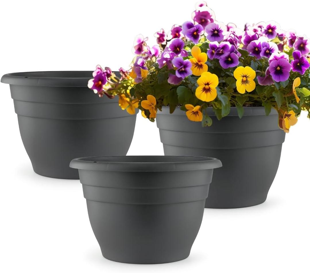 3 Pack 11 Inch Plant Pots with Drainage Hole and Plug,Plastic Flower Pots for Indoor & Outdoor Plants,Lightweight Plant Pots Perfect for Herbs,Flowers & Succulents(Gray)