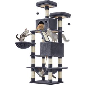 Feandrea Cat Tree, 66.1-Inch Large Cat Tower, Multi-Level Plush Condo with 13 Scratching Posts, 2 Perches, 2 Caves, Basket, Hammock, Pompoms, Smoky Gray UPCT165G01