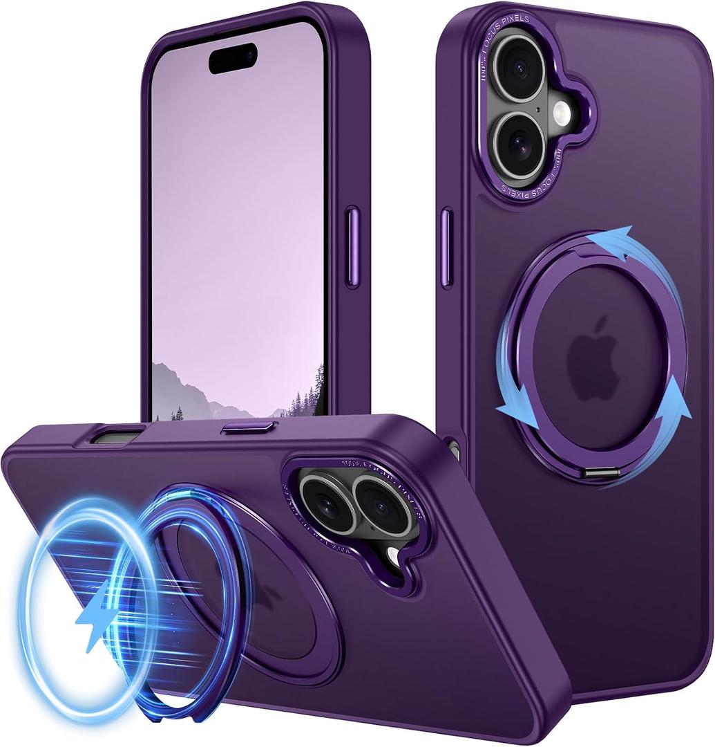 Strong Magnetic for iPhone 16 Plus Case with Stand,Fit for MagSafe,360°Rotatable Ring Designed,Translucent Matte Texture Protective Military Grade Shockproof,All Purple