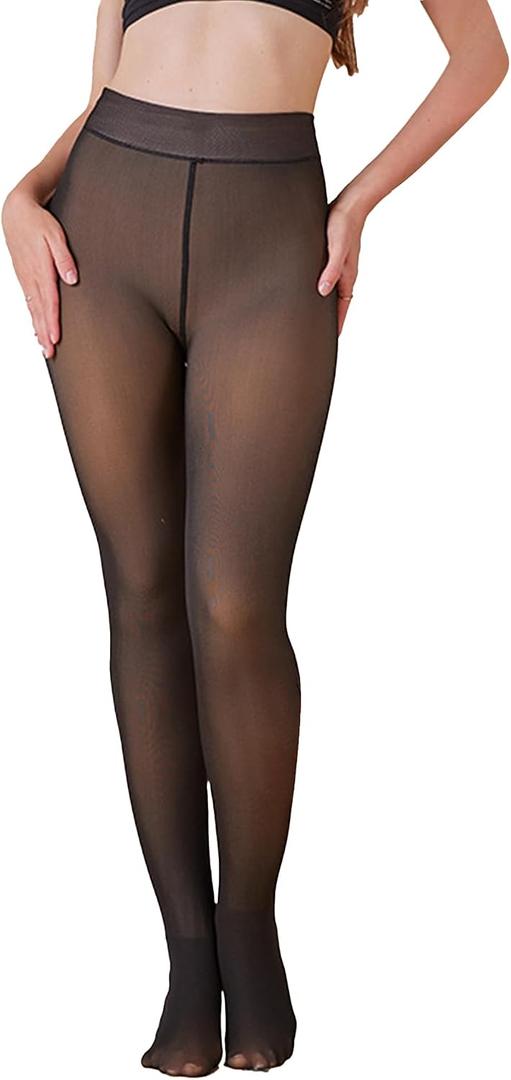 Women's Fleece Lined Tights - Sheer Warm Pantyhose Fake Translucent, High Waist Thermal Leggings for Winter (Black, L)