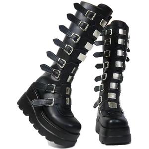 Gothniero High Platform Knee Boots Chunky Heel Wedge Black Boots For Women Combat Goth Punk Motorcycle Booties Zip up With Metal Buckles Size5-11, Black  Gothniero High Platform Knee Boots Chunky Heel Wedge Black Boots For Women Combat Goth Punk Motorcycle Booties Zip up With Metal Buckles Size5-11, Black