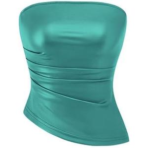 PRETTYGARDEN Women's Faux Leather Tube Tops 2025 Summer Strapless Asymmetrical Ruched Bandeau Shirts Going Out Club Outfits (M)