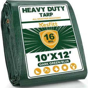 Kesfitt 16 Mil Heavy Duty Waterproof Tarp with Metal Grommets, Dark Green & Blue Reversible Poly Tarp, 10x12 ft, for Outdoor Protection, Yard, Garden, Farm, Camping & Equipment Coverage