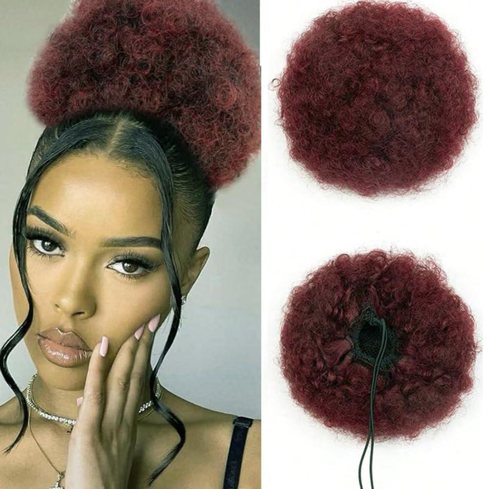 Kinky Curly Afro Human Hair Puff Ponytail for Women, Burgundy Hairpieces Curly Donut Chignon Wrap with Drawstrings and 2 Clips Updo Hair Extensions Natural Black Color(8 inch/99J)