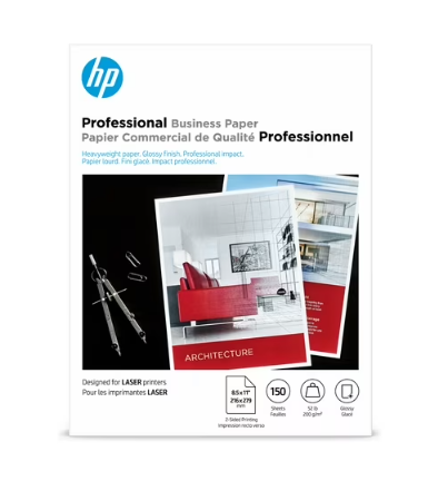 HP Professional Business Paper, Glossy, 8.5x11 in, 52 lb, 150 Sheets, Works With Laser Printers (4WN10A), White