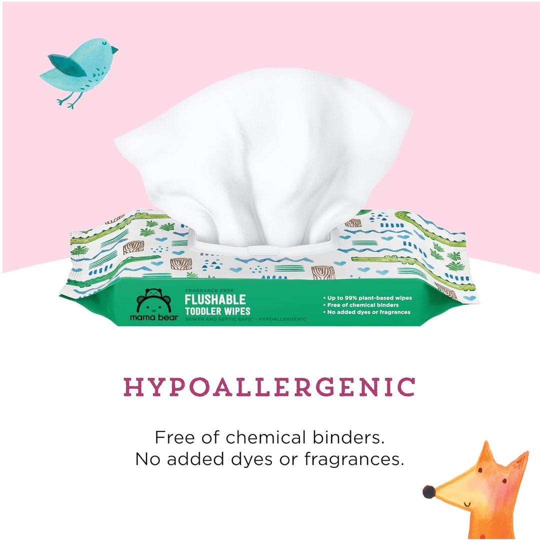 Mama Bear Flushable Toddler Toilet Wipes, Unscented, Formulated without Fragrance, Hypoallergenic, Plant-Based, Septic Safe, 336 Count, 4 Packs of 42