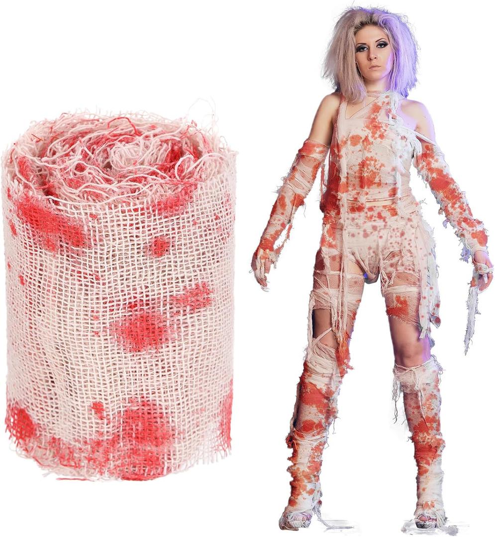 Preboun Halloween Mummy Bandage Wrap Bloody Gauze Zombie Makeup Props Creepy Costume Bandage Cosplay Party(Red,131.2 ft X 3.15 Inch)