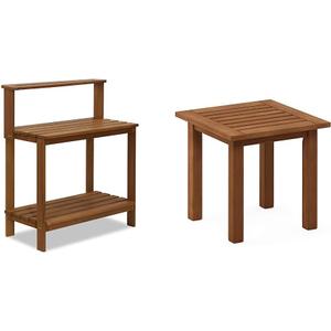 Furinno FG17478 Tioman Outdoor Patio Furniture Hardwood Potting Bench, Natural & FG18506 Tioman Hardwood Patio Furniture Outdoor End Table, Natural