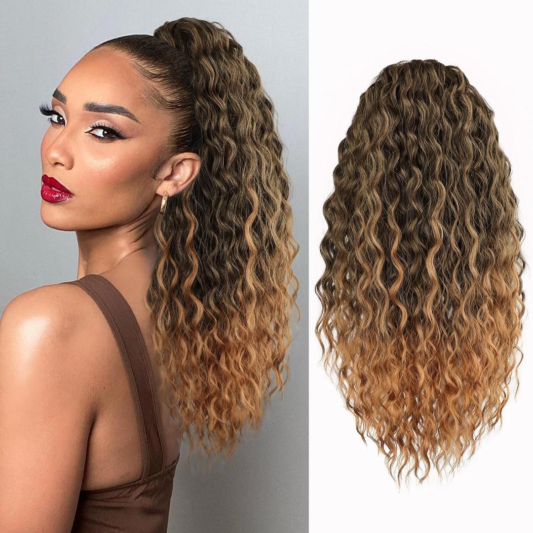 Curly Drawstring Ponytail Synthetic Extension for Black Women - 20 Inch Long Curly Wavy Thick Hairpieces (T1B/27)