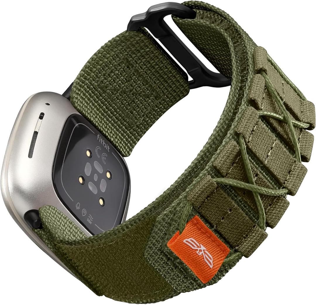 Tactical Rugged Bands Compatible with Fitbit Versa 4 Bands/Versa 3/Sense 2/Sense, Soft Durable Military Nylon Solo Loop Sport Straps (Medium, Green)