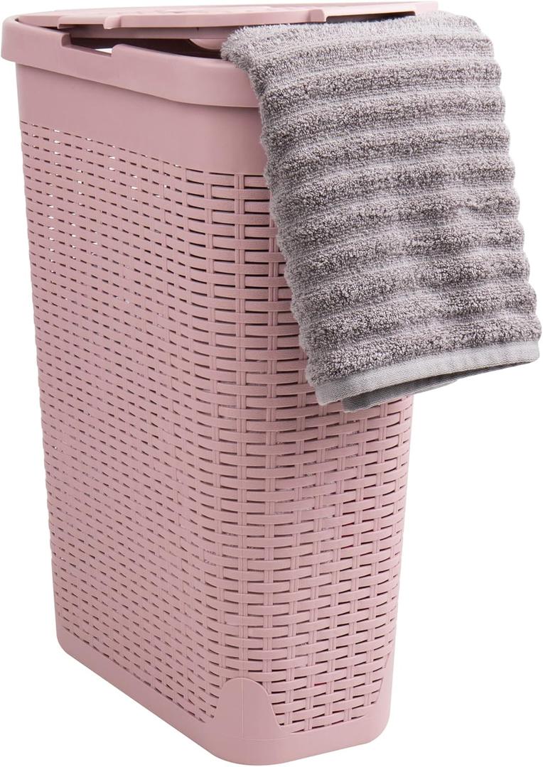 Mind Reader Slim Laundry Hamper with Lid, 40L Clothes Basket, Narrow Tapered Design with Ventilated Cutout Pattern, Plastic, Pink (Single)